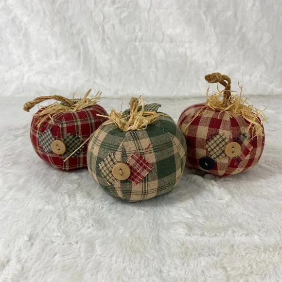 Plaid Gingham country fabric Apples set of 3 Farmhouse Fall Country Check Ornies - Picture 1 of 6